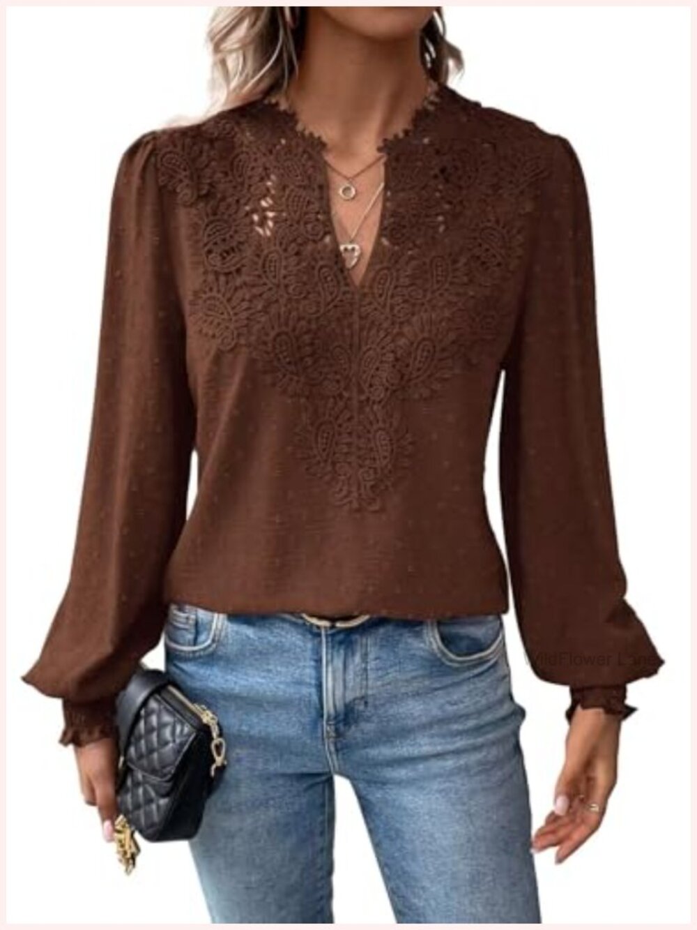Boho Flowy Lace Floral V Neck Long Sleeve Blouse Ruffle Crochet Top